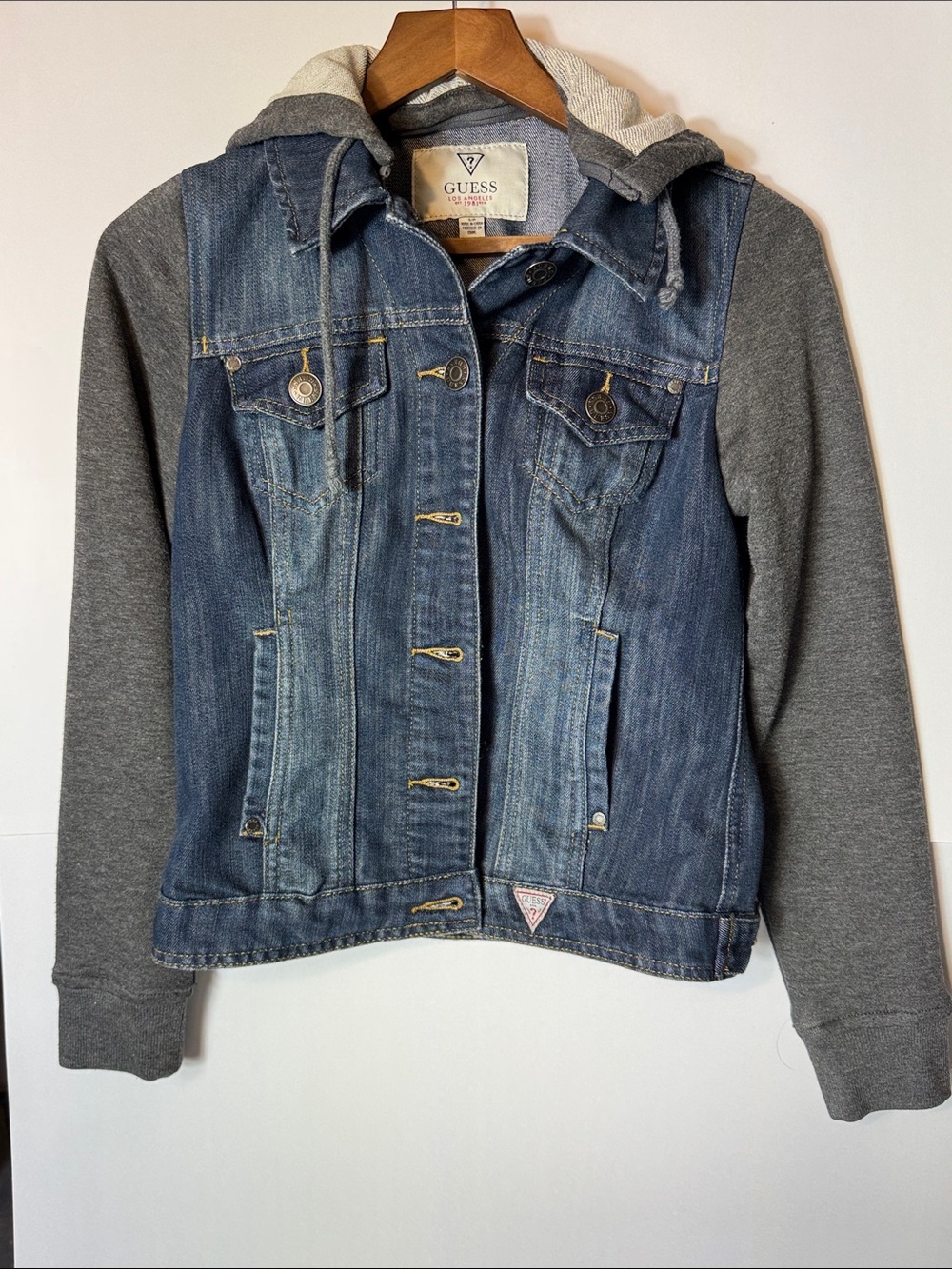 GUESS Blue Denim Jacket with Gray Hoodie Sleeves - small